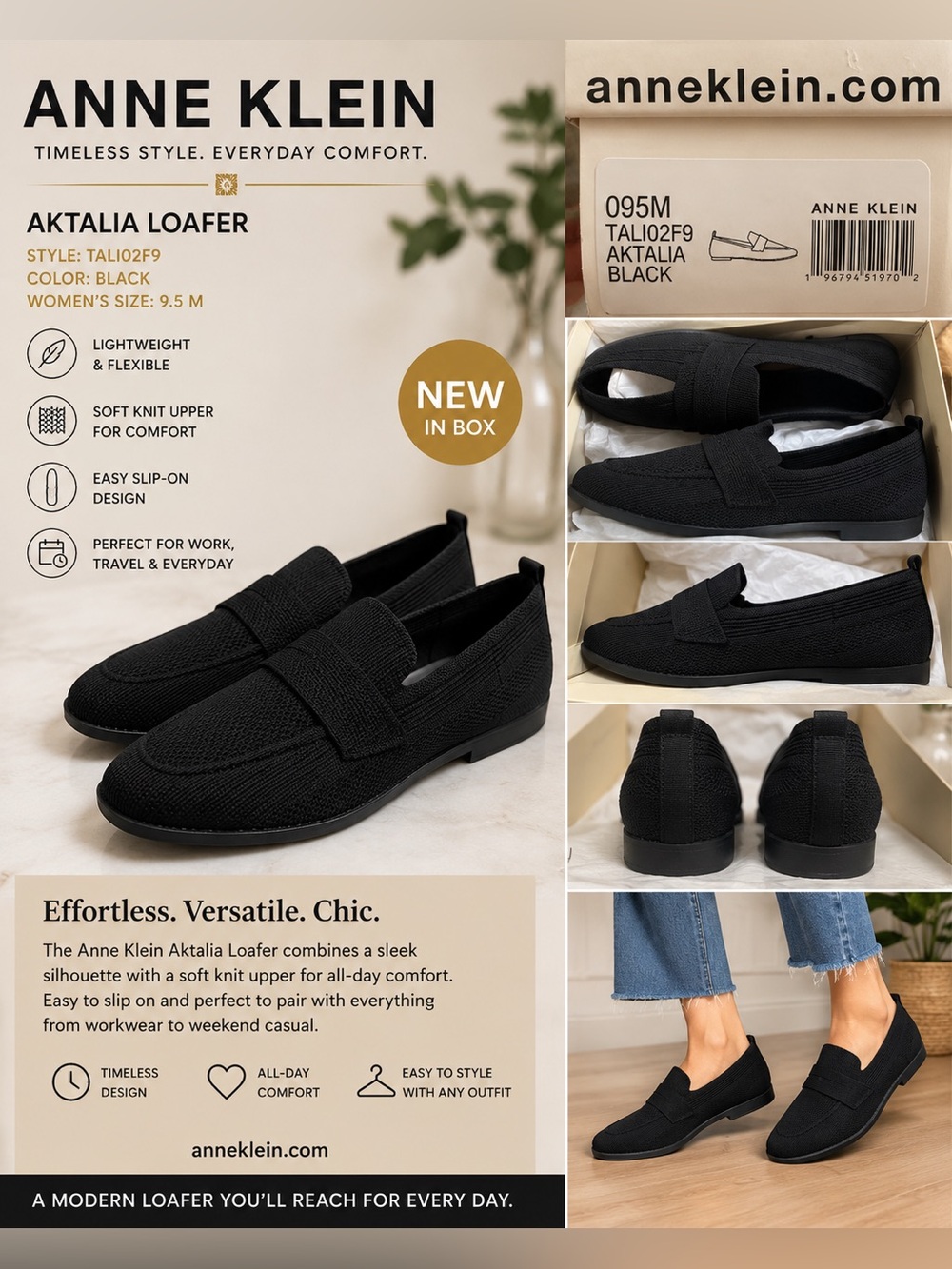 Anne Klein Aktalia Black Knit Loafers Women’s 9.5 M New in Box